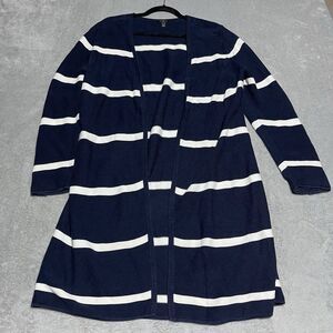 Talbots Cardigan Womens 1X Blue Ivory Striped Open Front Sweater‎ Button Sleeve